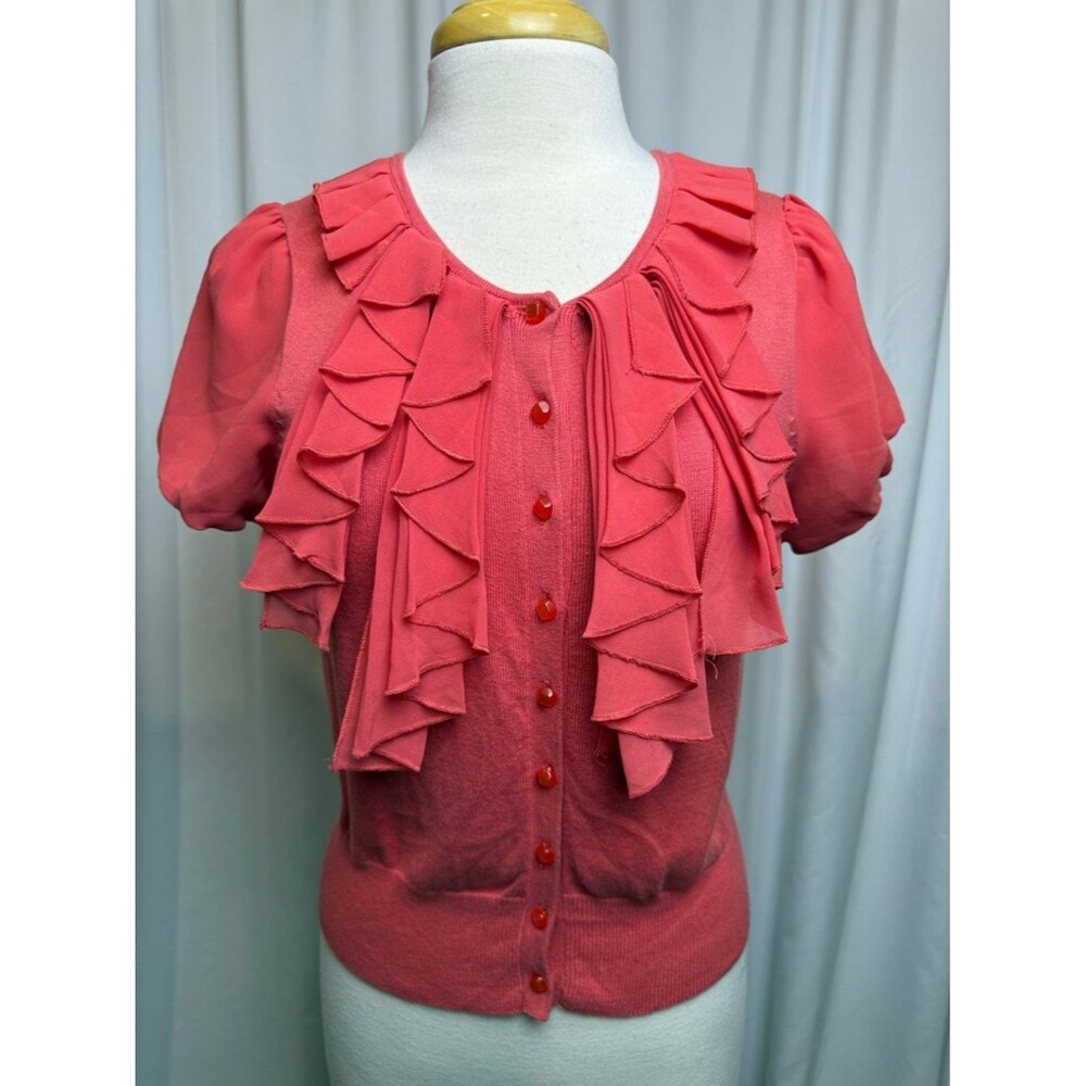 New York & Company Coral Cardigan Short Sleeve Sweater with Ruffle Front, Medium